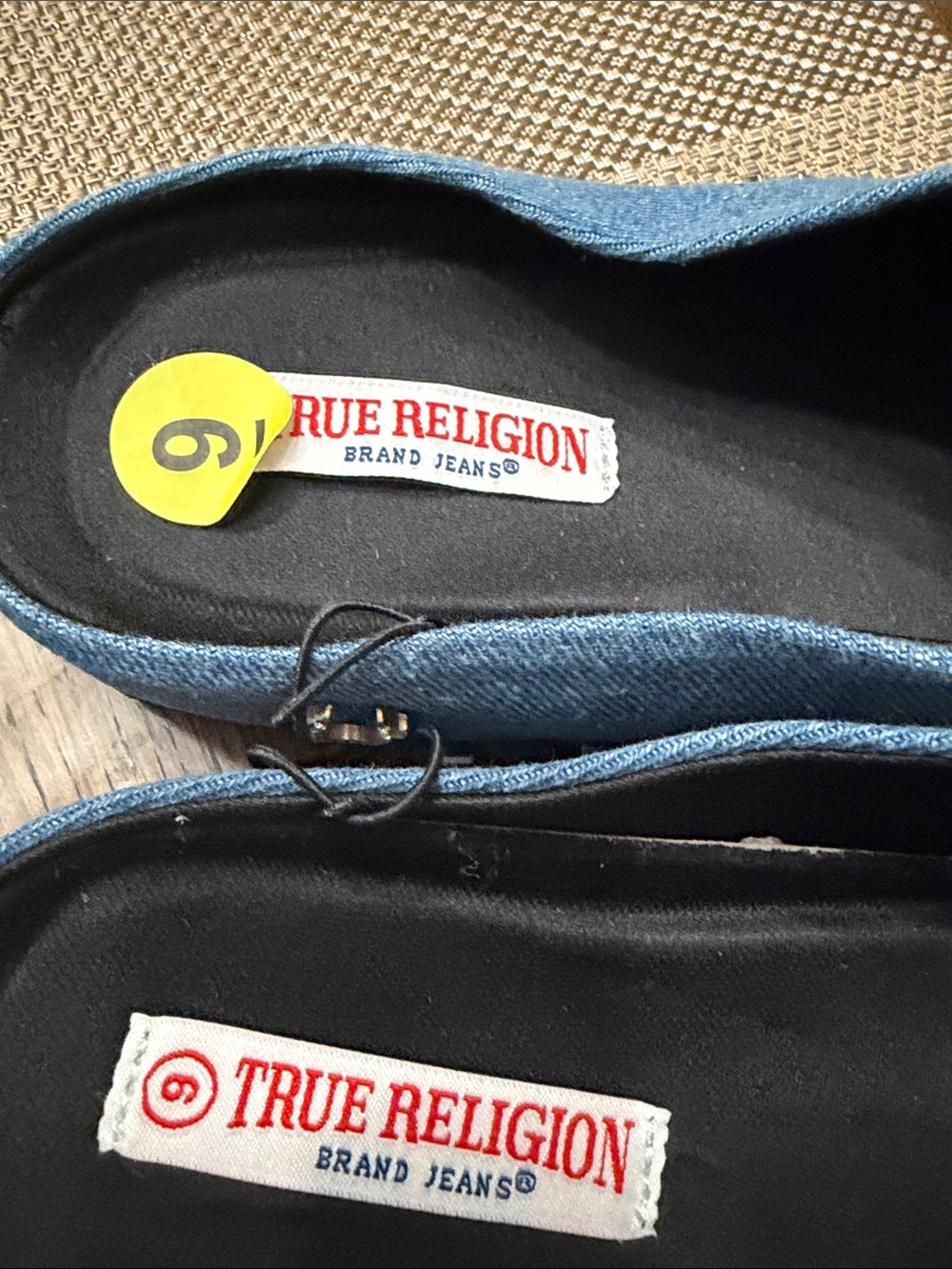 True Religion Denim Blue Slip-On Mules with Horseshoe Studs - Picture 4 of 17